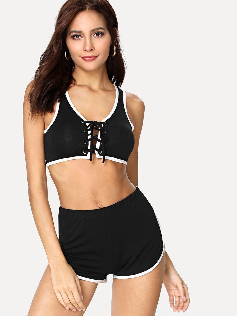 Contrast Binding Lace Up Sport Bra & Dolphin Hem Shorts Set-sportswear-Des Mess