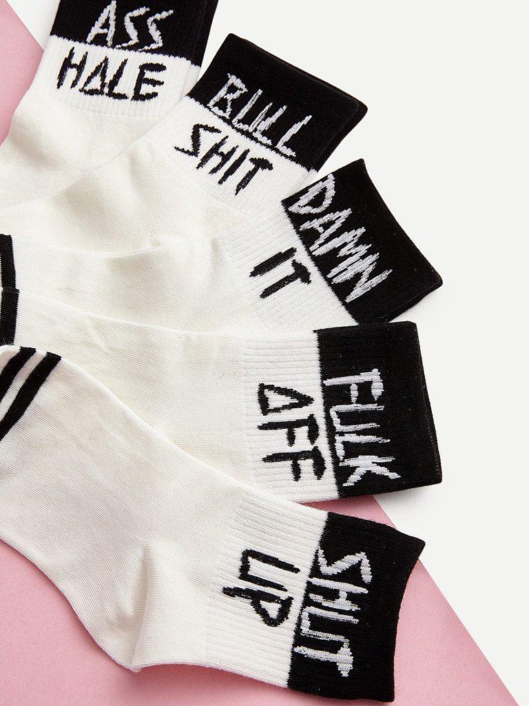 Slogan Print Ankle Socks 5pairs-accessories-Des Mess