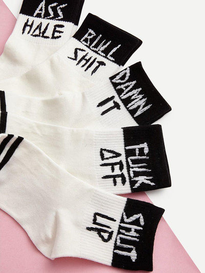 Slogan Print Ankle Socks 5pairs-accessories-Des Mess
