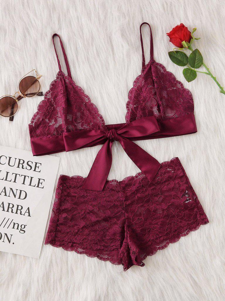 Tie Front Lace Bralette And Pantie Lingerie Set-lingerie-Des Mess