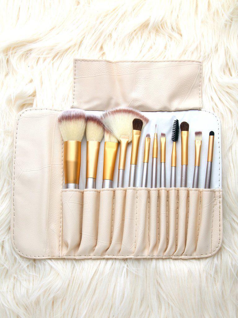 Champagne Gold 12Pcs Makeup Brush Set With Leather Bag-makeup-Des Mess