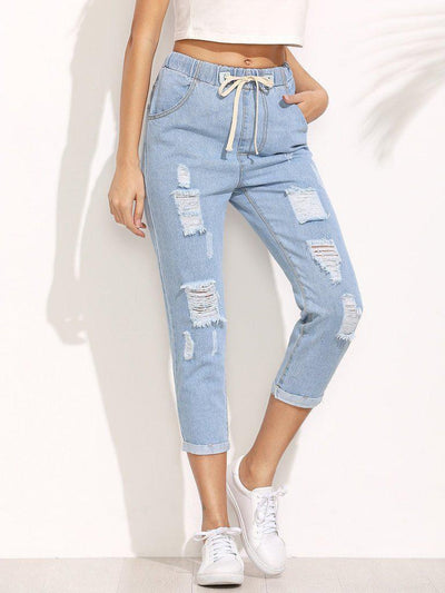 Distressed Drawstring Waist Cropped Jeans-bottom-Des Mess