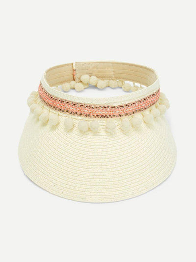 Pom Pom Trim Straw Visor Hat-accessories-Des Mess