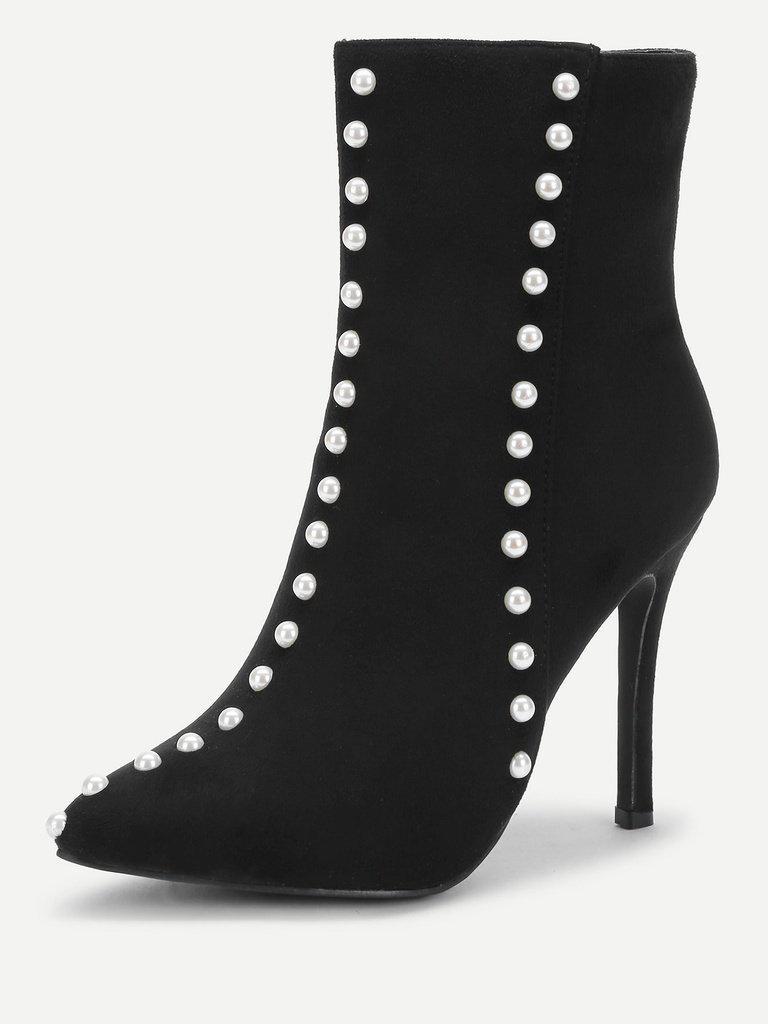 Faux Pearl Decorated Side Zipper Stiletto Boots-shoes-Des Mess
