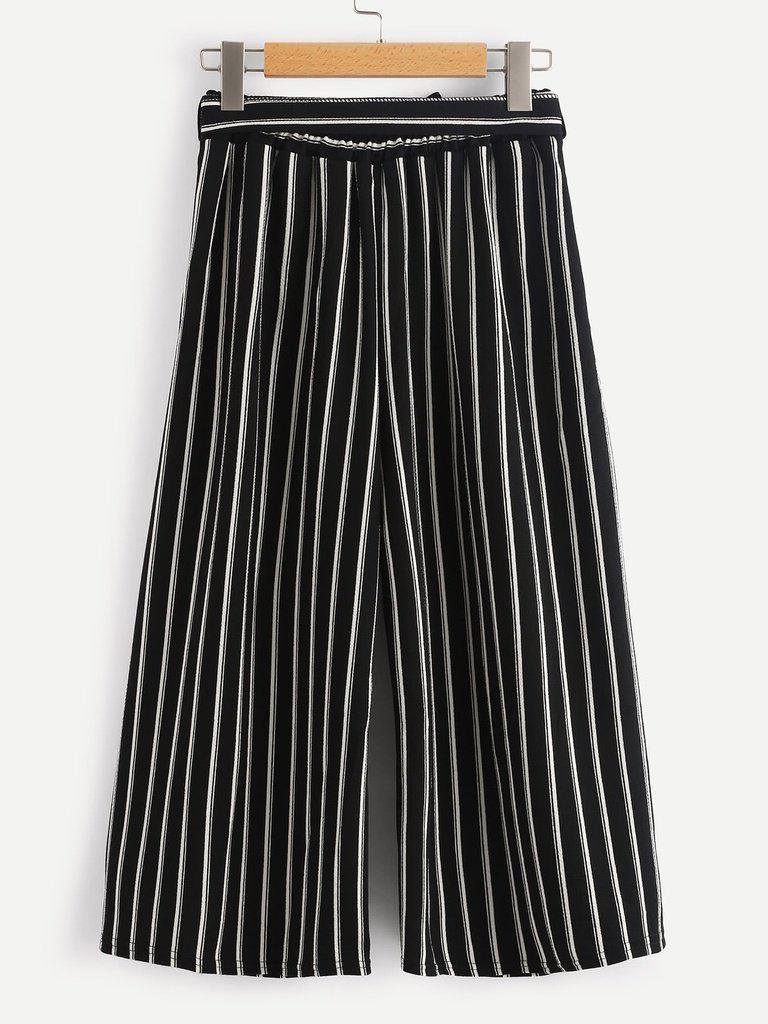 Vertical Stripe Self Tie Wide Leg Pants-bottom-Des Mess