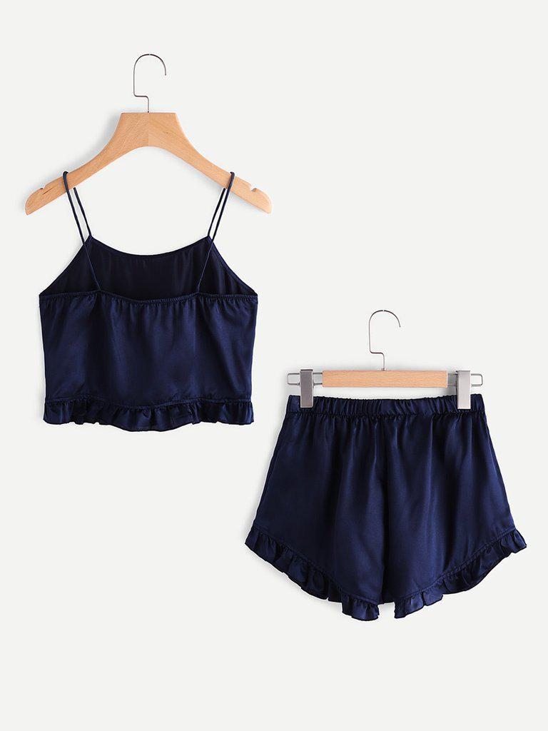 Frill Trim Cami And Shorts Pajama Set-loungewear-Des Mess