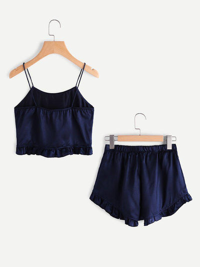 Frill Trim Cami And Shorts Pajama Set-loungewear-Des Mess