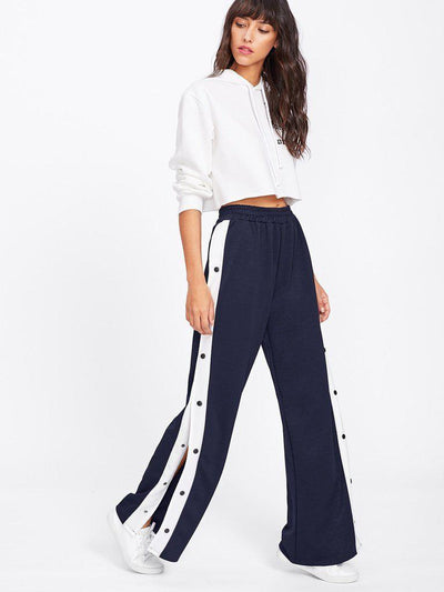 Tape Button Side Wide Leg Pants-bottom-Des Mess
