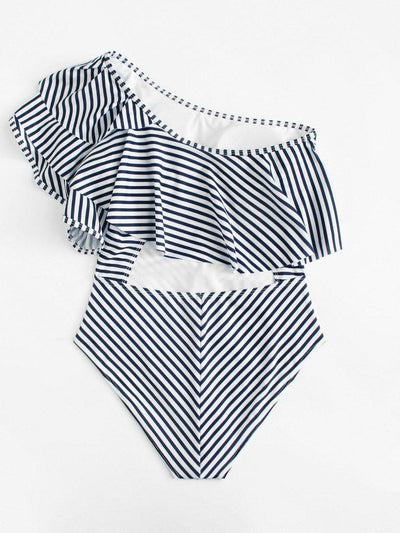One Shoulder Ruffle Striped Swimsuit-swimwear-Des Mess