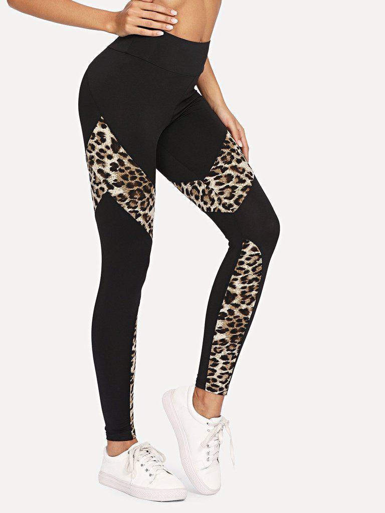 Leopard Panel Zip Detail Leggings-bottom-Des Mess