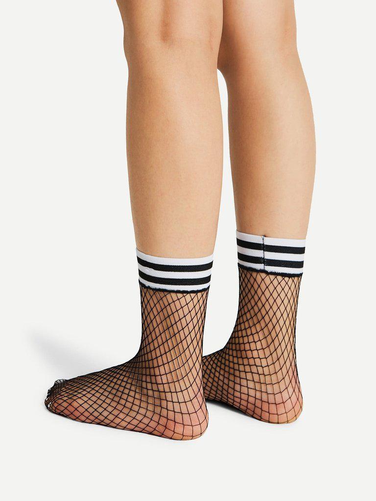 Striped Trim Fishnet Ankle Socks-accessories-Des Mess