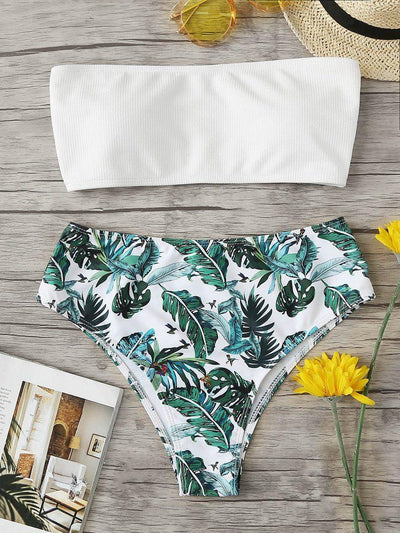 Tropical Print Bandeau Bikini Set-swimwear-Des Mess