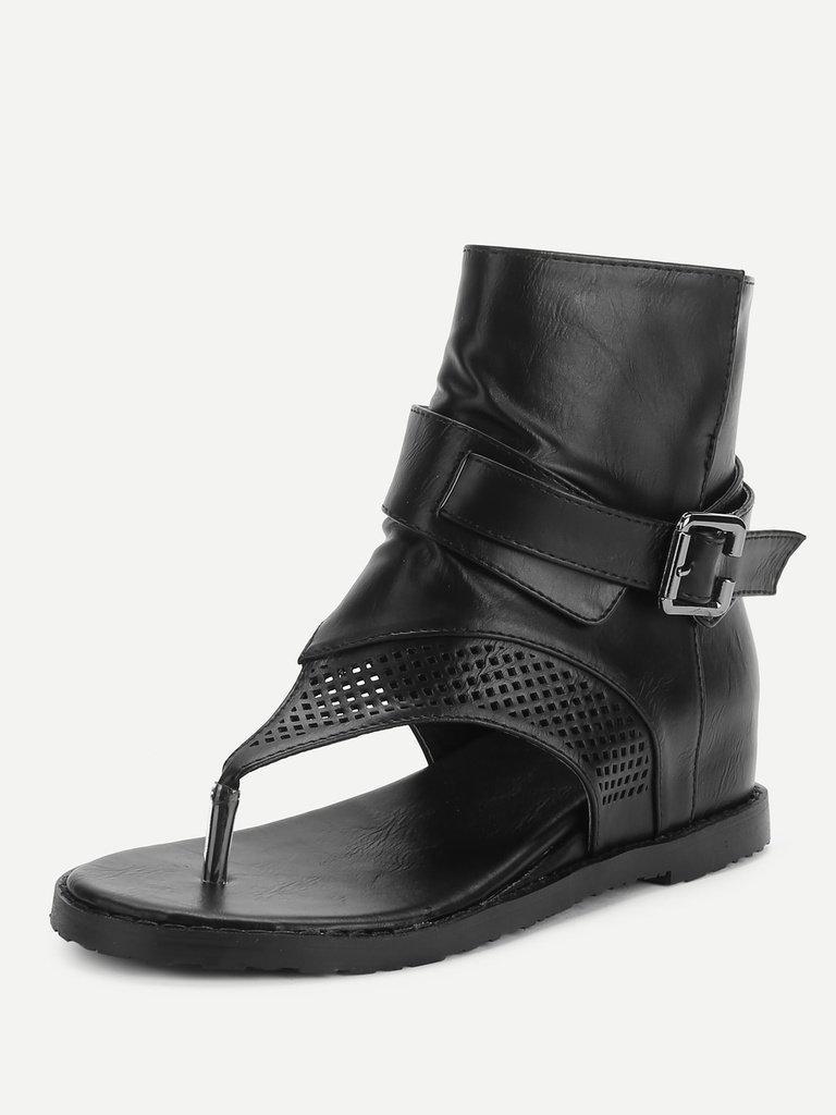 T-strap Buckle Detail Wedge Sandals-shoes-Des Mess