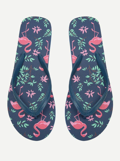 Flamingo Print Flat Slippers-shoes-Des Mess