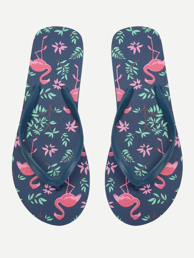 Flamingo Print Flat Slippers-shoes-Des Mess