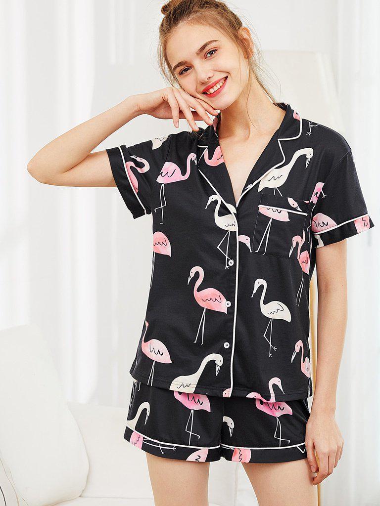 Revere Collar Allover Flamingo Print Blouse & Shorts Pajama Set-loungewear-Des Mess