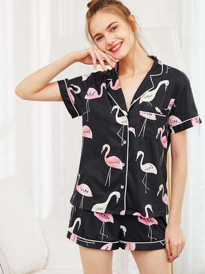 Revere Collar Allover Flamingo Print Blouse & Shorts Pajama Set-loungewear-Des Mess
