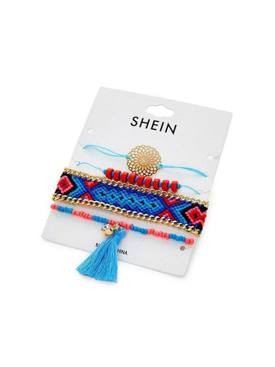 Tassel Detail Beaded & Woven Bracelet Set--Des Mess