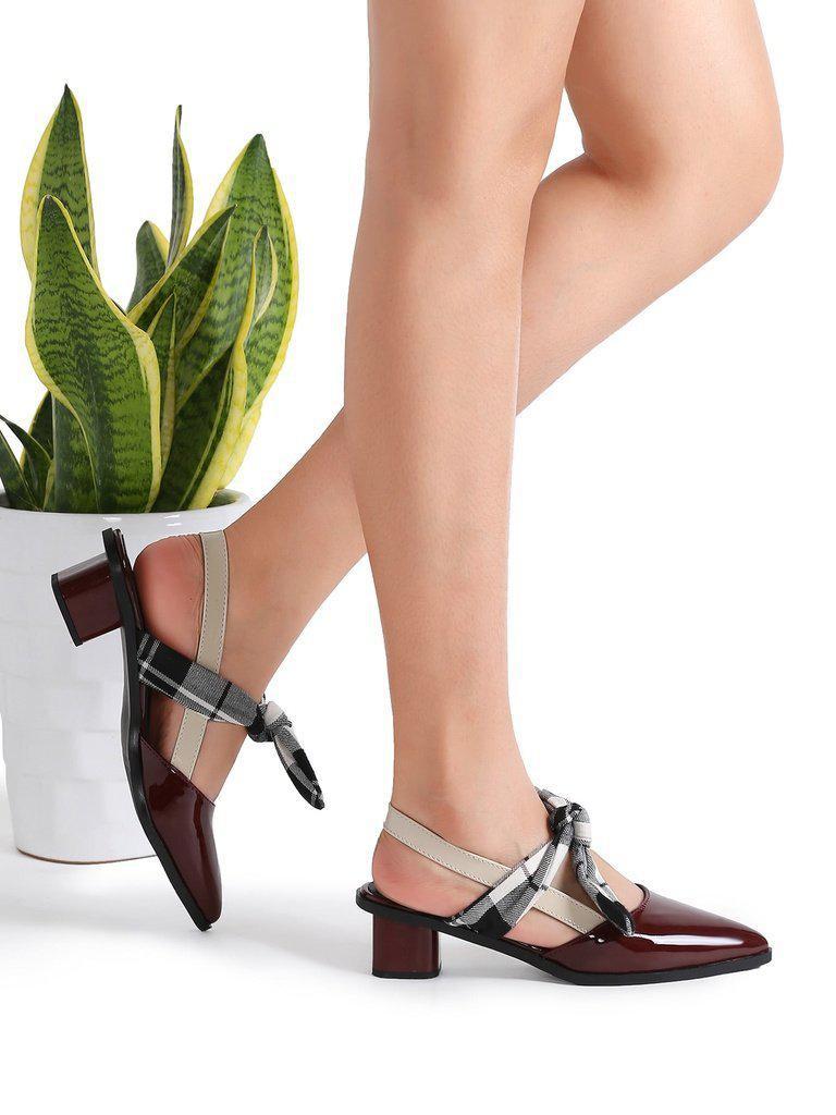 Burgundy Plaid Tie Patent Leather Chunky Heel Pumps-shoes-Des Mess