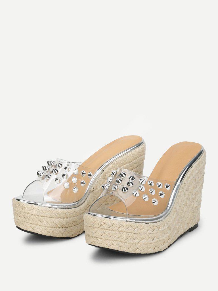 Rockstud Decorated Woven Design Wedges-shoes-Des Mess