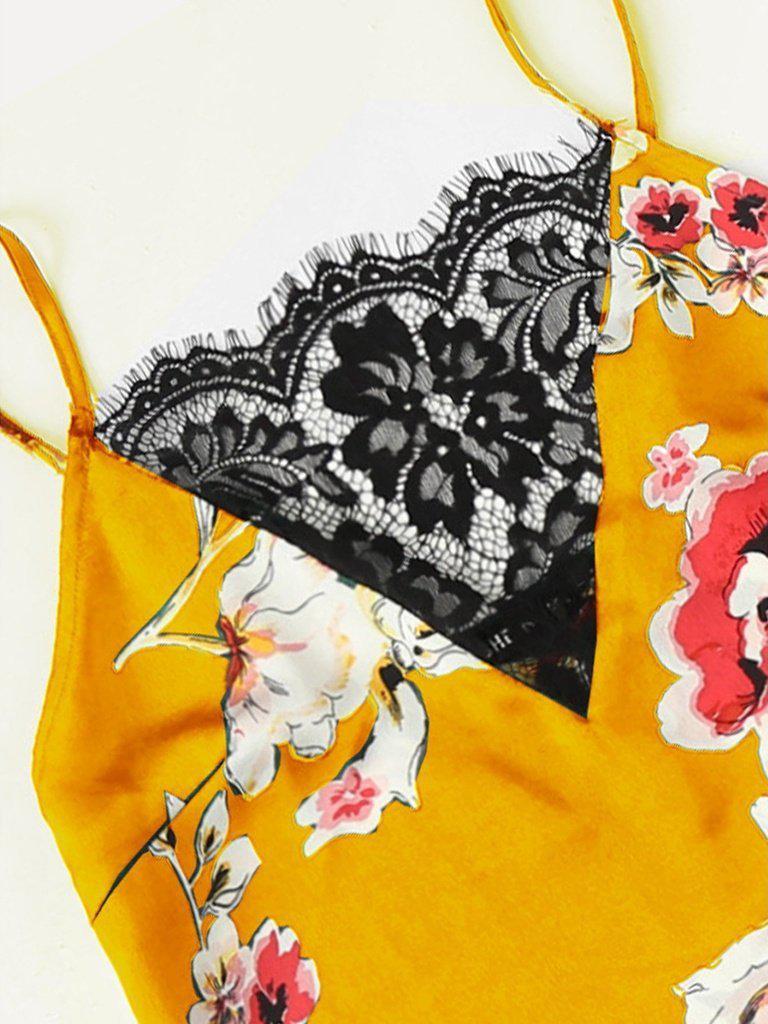 Floral Print Lace Insert Cami Top & Shorts PJ Set-loungewear-Des Mess