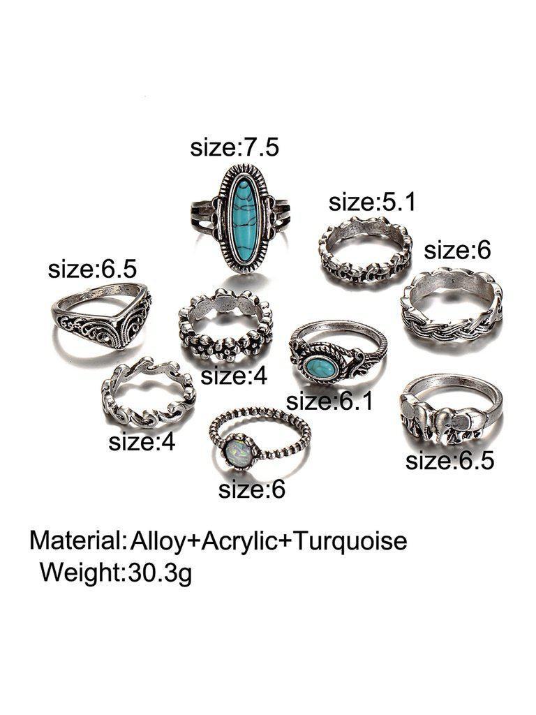 Turquoise Decorated Multi Shaped Ring Set 9pcs-jewelry-Des Mess