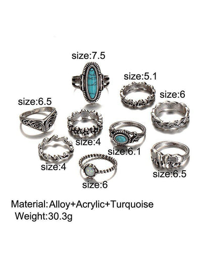 Turquoise Decorated Multi Shaped Ring Set 9pcs-jewelry-Des Mess