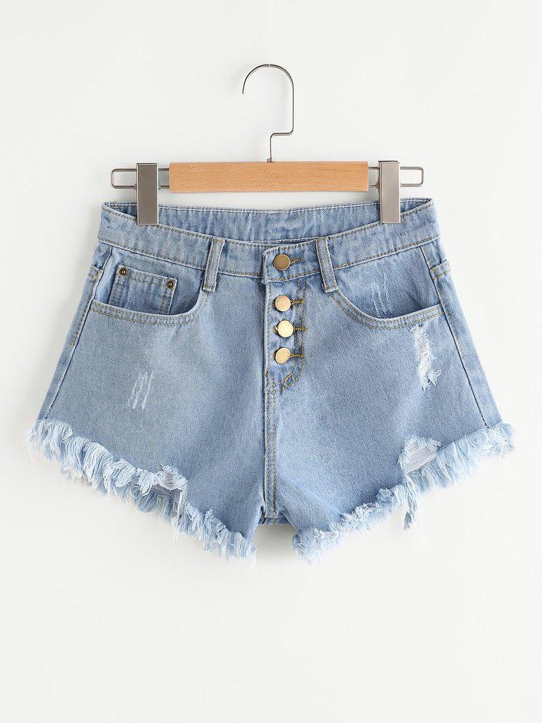 Distress Fray Hem Single Breasted Denim Shorts-bottom-Des Mess