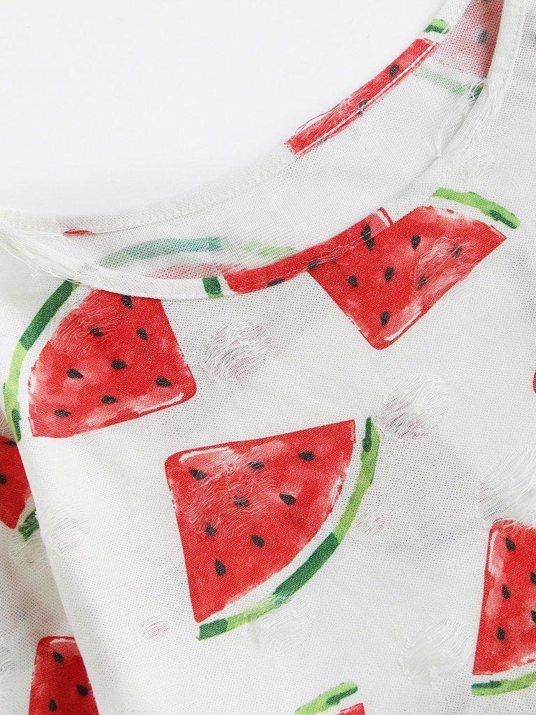 Watermelon Print Frayed Dot Tee And Shorts Set-loungewear-Des Mess