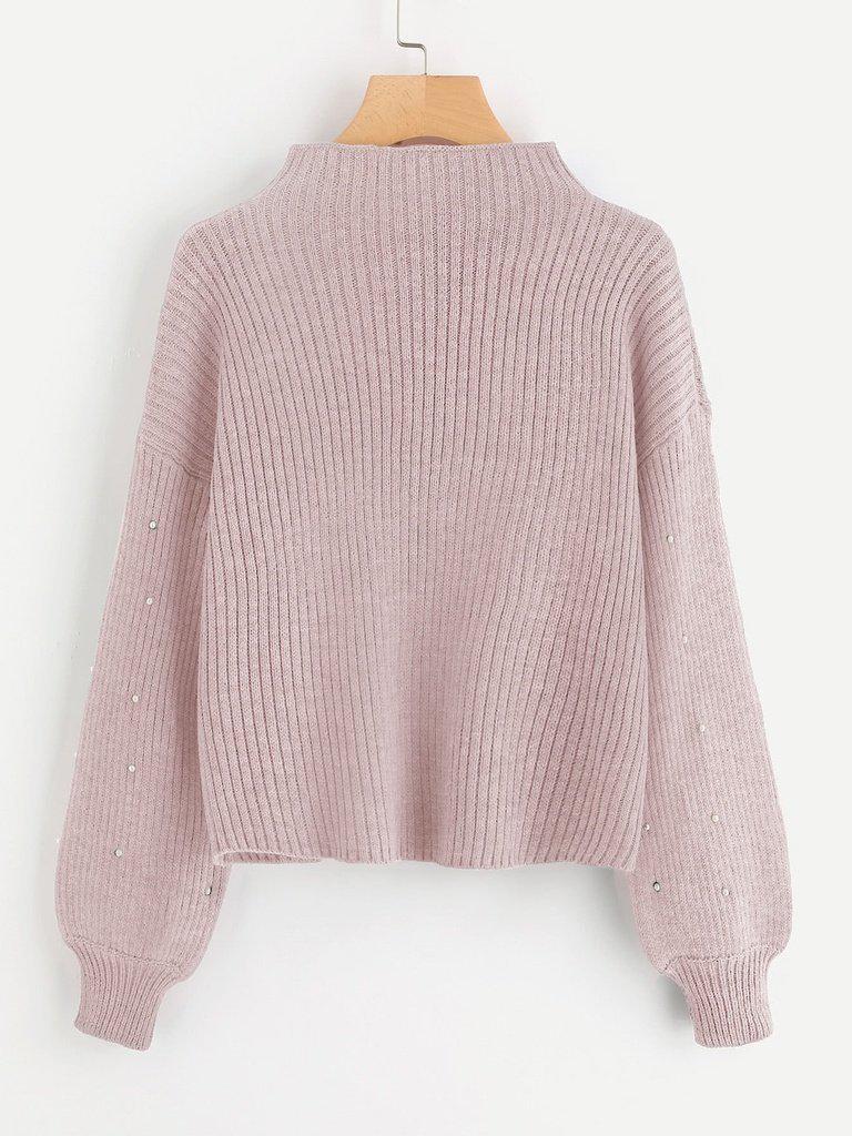 Pearl Embellished Exaggerated Bishop Sleeve Ribbed Sweater-outerwear-Des Mess