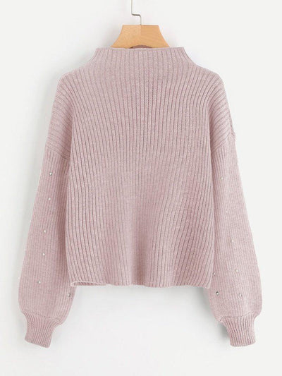 Pearl Embellished Exaggerated Bishop Sleeve Ribbed Sweater-outerwear-Des Mess