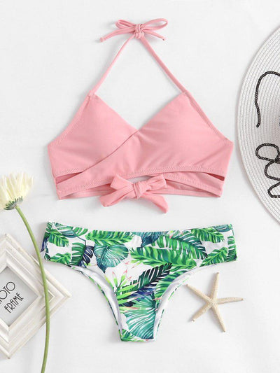 Palm Print Wrap Self Tie Bikini Set--Des Mess