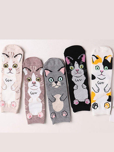 Cat Pattern Ankle Socks 5Pairs-accessories-Des Mess