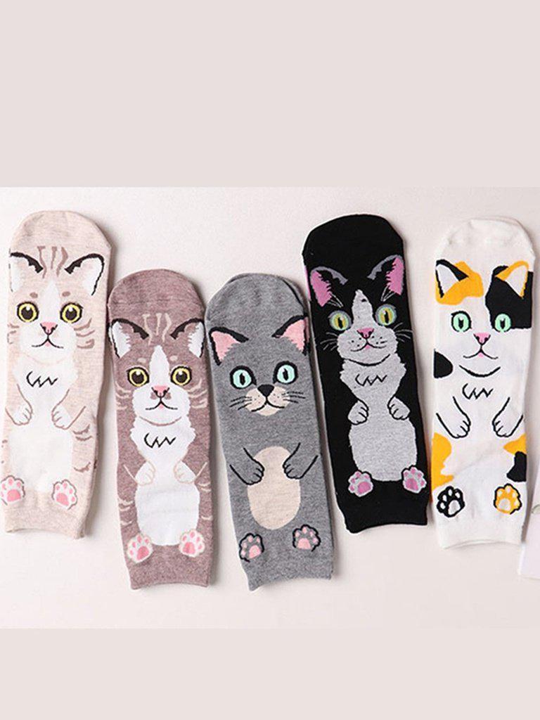 Cat Pattern Ankle Socks 5Pairs-accessories-Des Mess