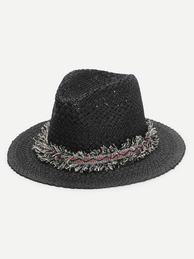 Frayed Band Straw Fedora Hat-accessories-Des Mess