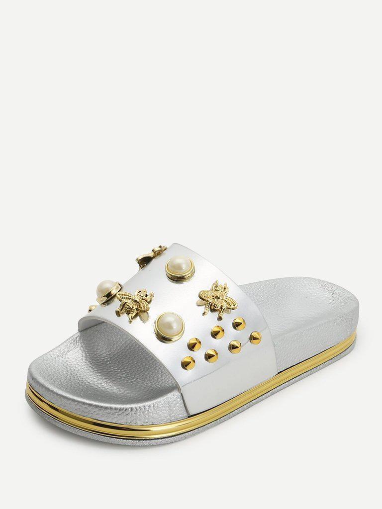 Faux Pearl Decorated Slippers-shoes-Des Mess