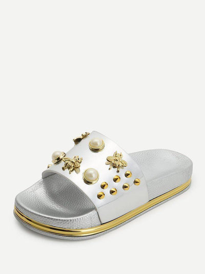 Faux Pearl Decorated Slippers-shoes-Des Mess