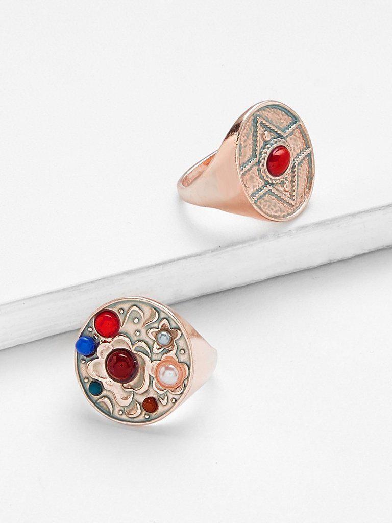 Color Block Detail Ring Set 2pcs-jewelry-Des Mess