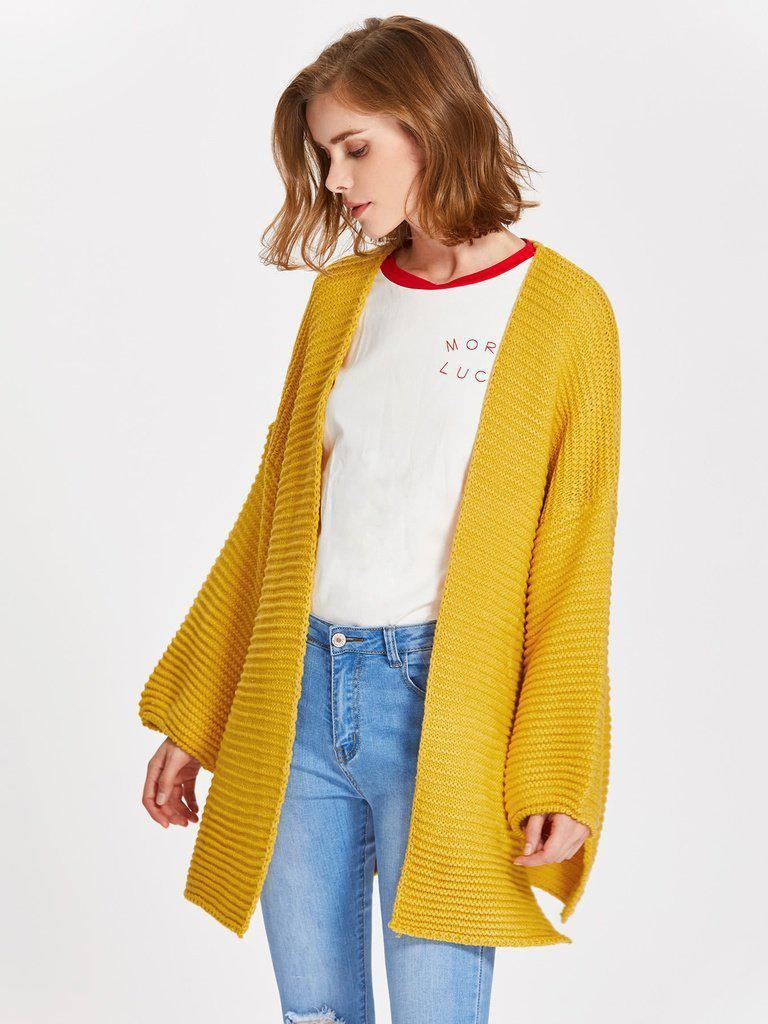 Drop Shoulder Lantern Sleeve Slit Textured Cardigan-outerwear-Des Mess