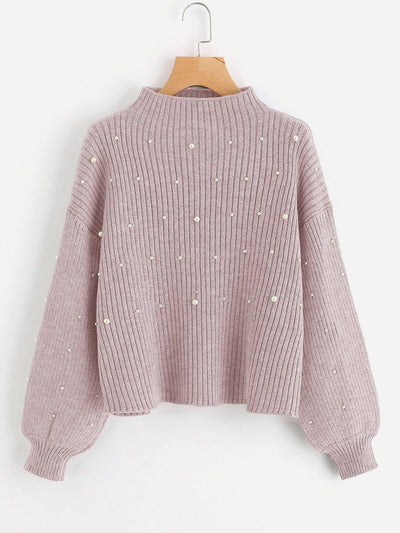 Pearl Embellished Exaggerated Bishop Sleeve Ribbed Sweater-outerwear-Des Mess