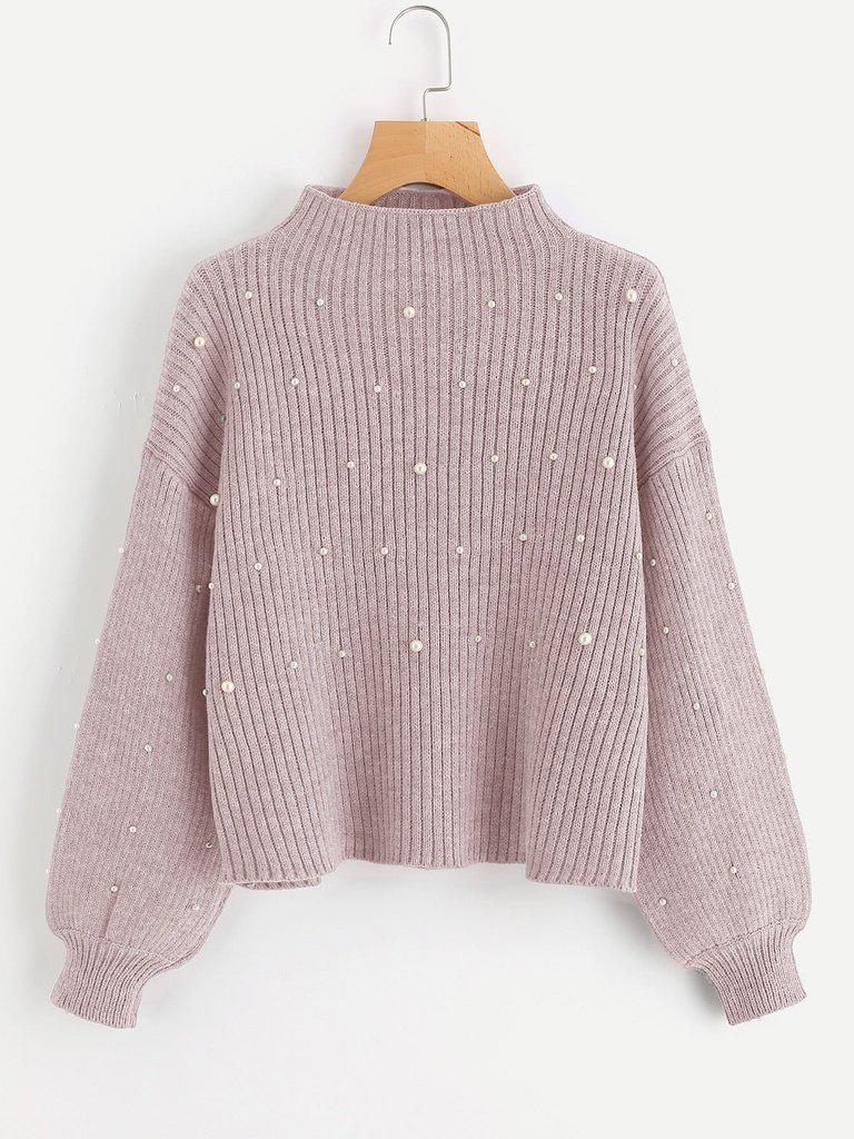 Pearl Embellished Exaggerated Bishop Sleeve Ribbed Sweater-outerwear-Des Mess
