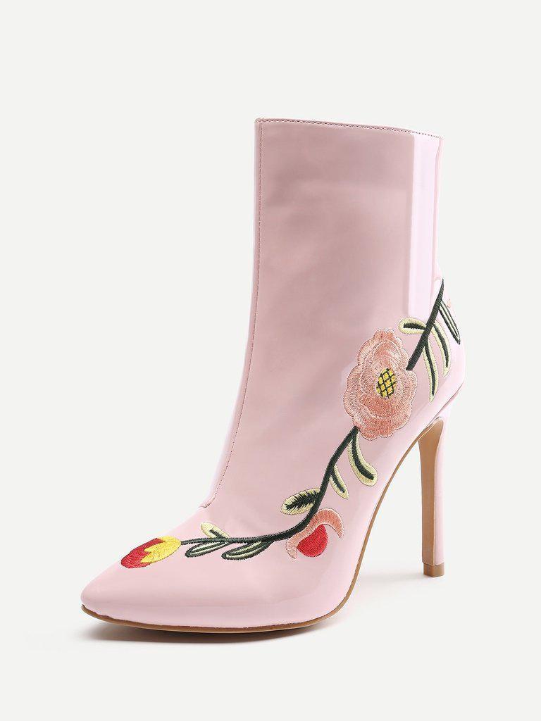 Flowers Embroidery Stiletto Ankle Boots-shoes-Des Mess