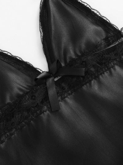 Lace Trim Bow Detail Satin Pajama Set-loungewear-Des Mess