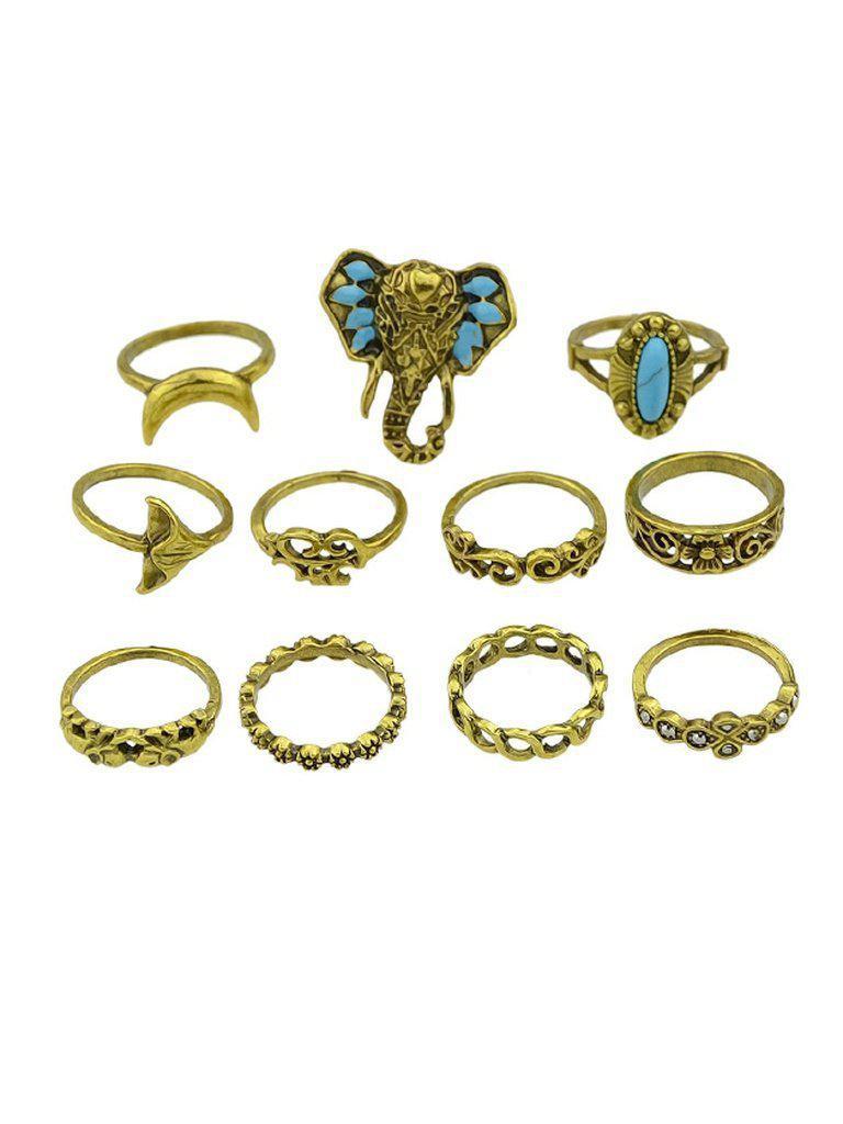 At-Gold Vintage Turquoise Elephant Ring 11-Pieces Set-jewelry-Des Mess