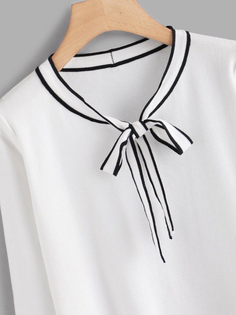 Contrast Stripe Trim Bow Tie Neck Jumper-outerwear-Des Mess