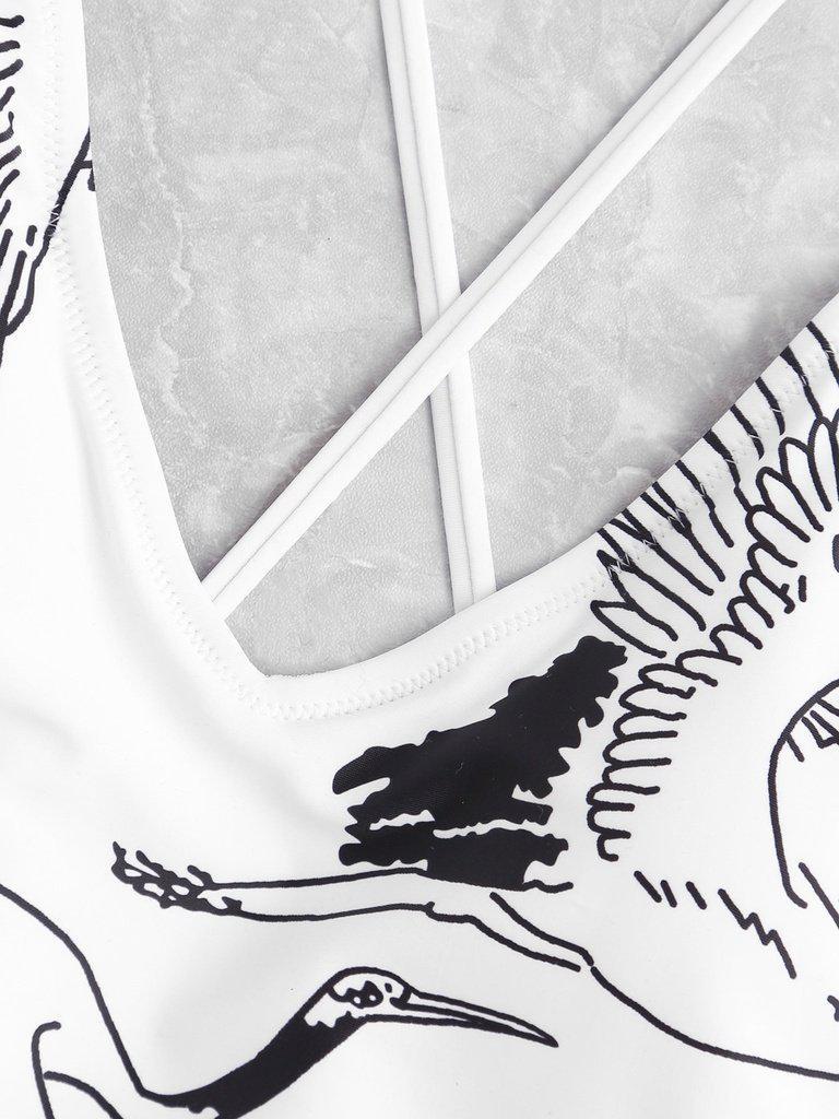 Crane Print Lace Up Back Swimsuit-swimwear-Des Mess