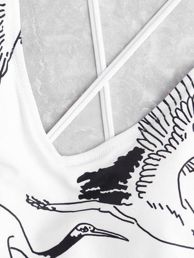 Crane Print Lace Up Back Swimsuit-swimwear-Des Mess