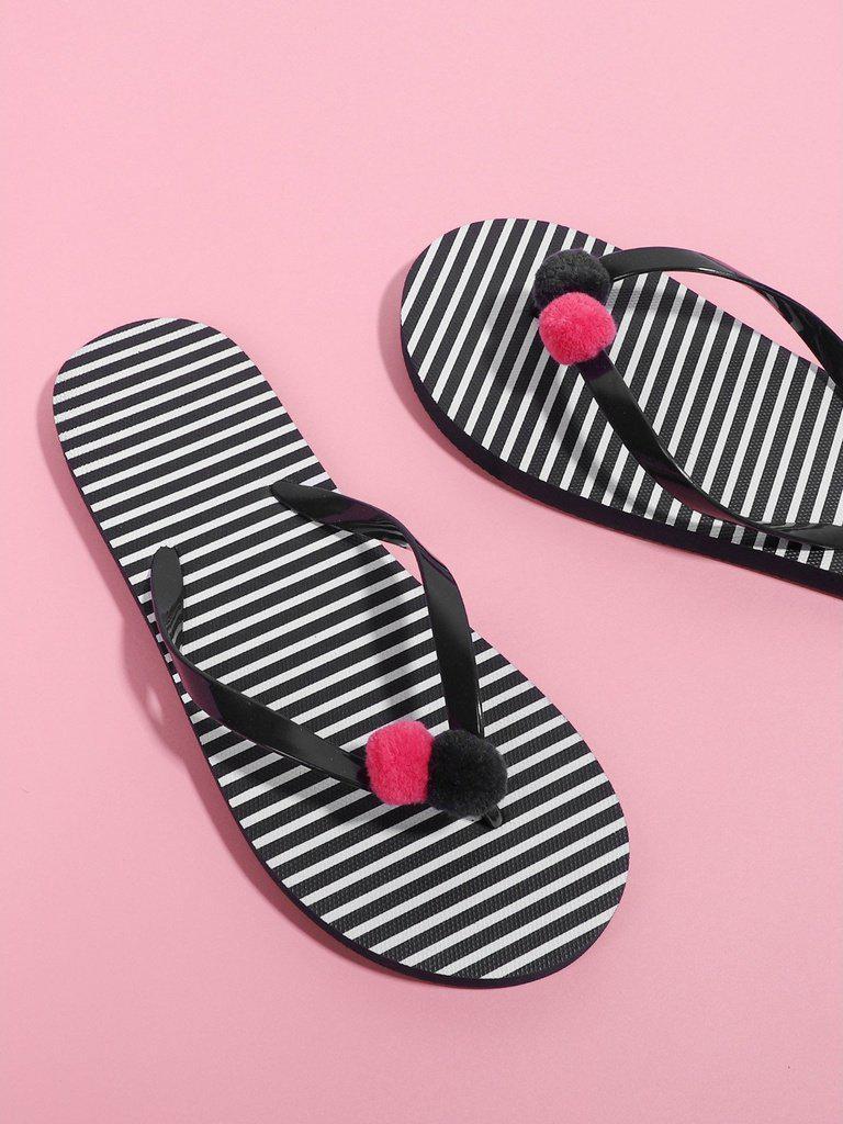 Pom Pom Detail Striped Flip Flops-shoes-Des Mess