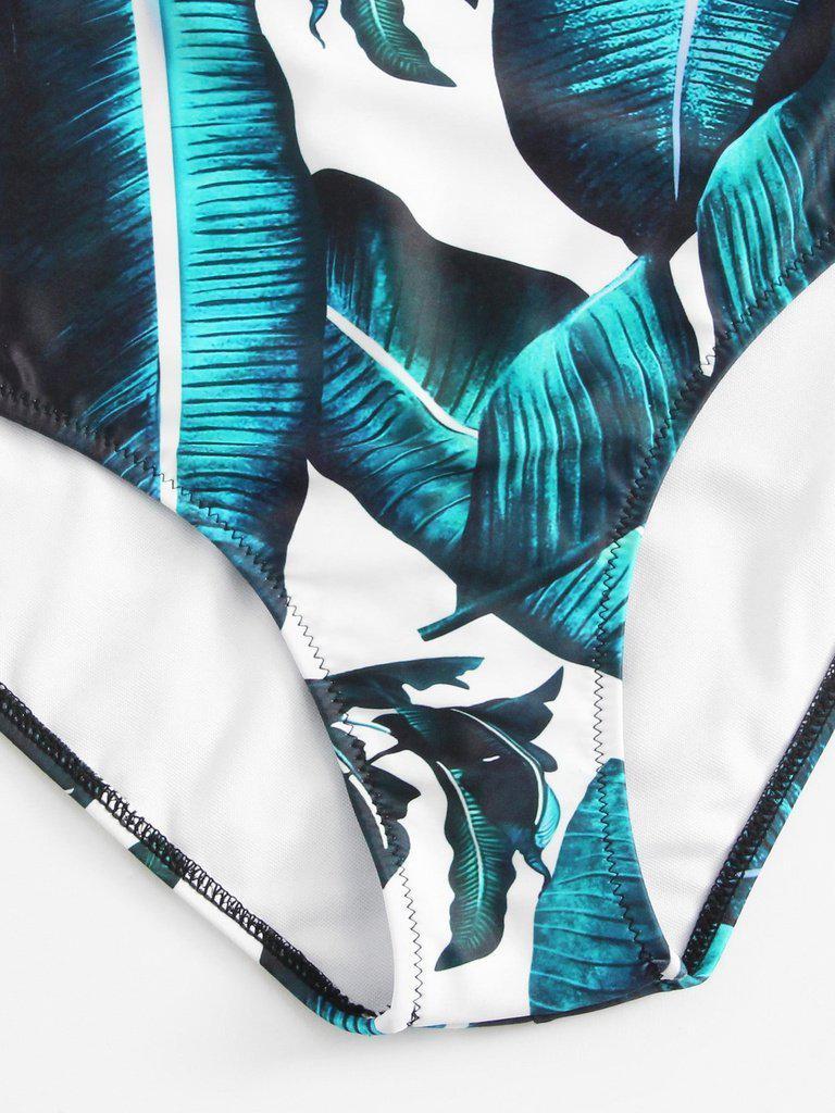 Jungle Leaf Print Plunge Halter Neck Swimsuit-swimwear-Des Mess