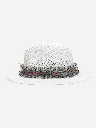 Frayed Band Straw Fedora Hat-accessories-Des Mess